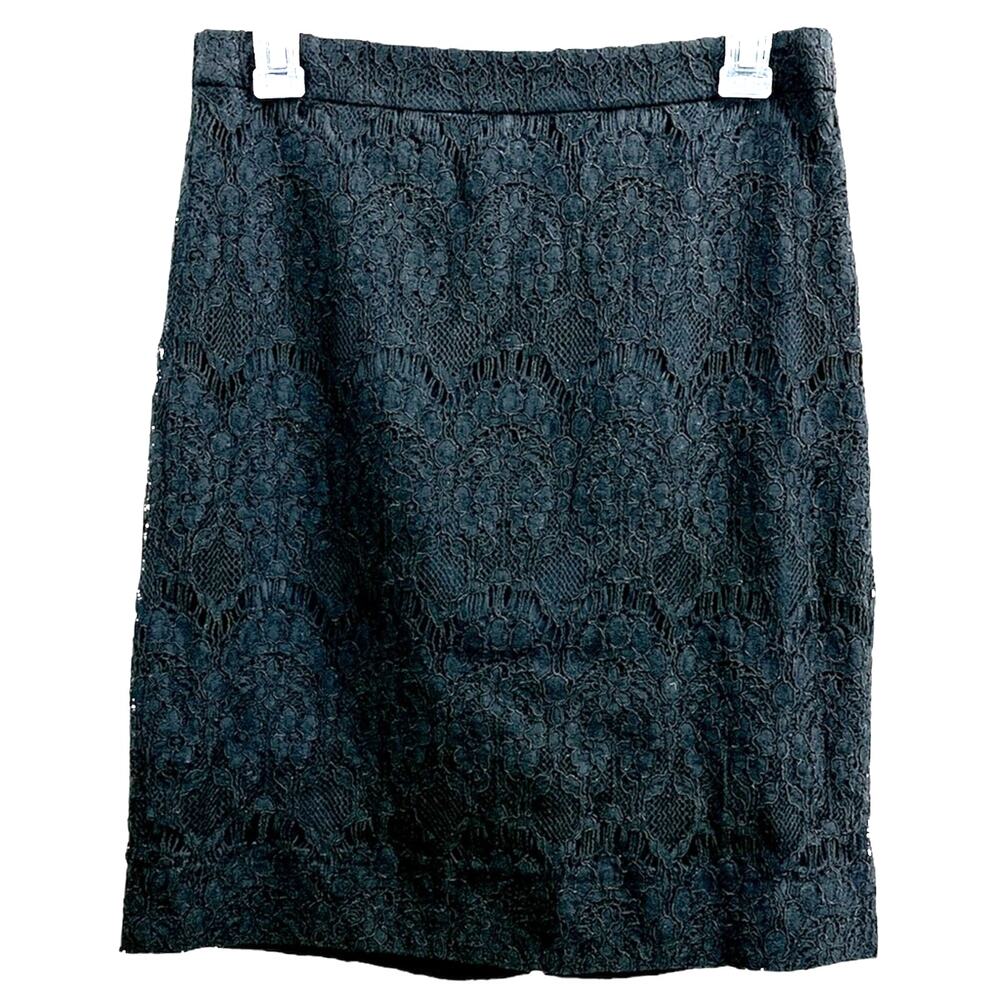 NWT J.Crew Floral Lace Black Knee Length Pencil Midi A Skirt 2 J Crew S